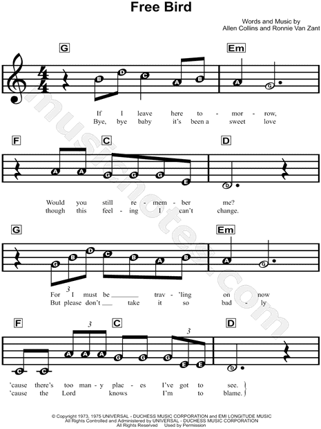 Lynyrd Skynyrd "Free Bird" Sheet Music for Beginners in C Major