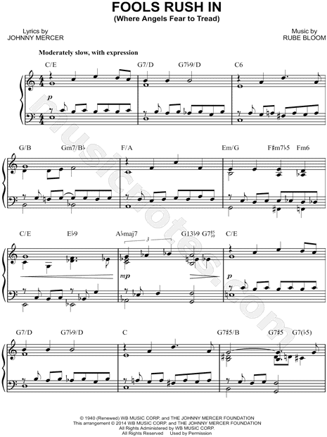 Johnny Mercer "Fools Rush In" Sheet Music (Piano Solo) in C Major - Download & Print - SKU ...