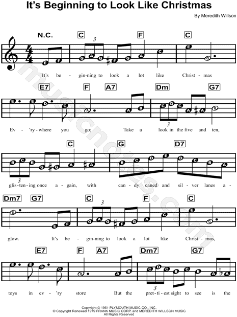 Meredith Willson "It's Beginning To Look Like Christmas" Sheet Music for Beginners in C Major ...