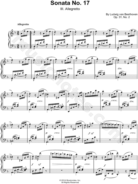 Ludwig Van Beethoven Sonata No 17 In D Minor Op 31 No 2 Iii Allegretto Sheet Music Piano Solo In D Minor Download Print Sku Mn