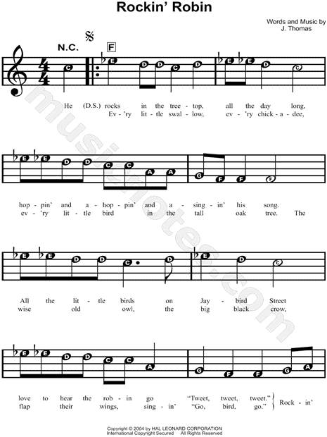 Bobby Day Rockin Robin Sheet Music For Beginners In F Major Download Print Sku Mn0138237