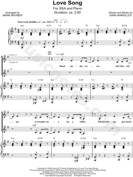 Sara Bareilles Love Song Arr Mark A Brymer Ssa Choir Piano Choral Sheet Music In E Minor Download Print Sku Mn0138301