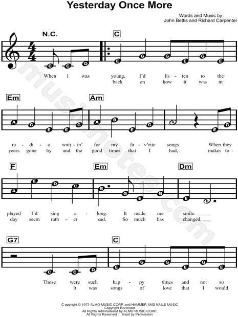 The Carpenters Yesterday Once More Sheet Music For Beginners In C Major Download Print Sku Mn0138439