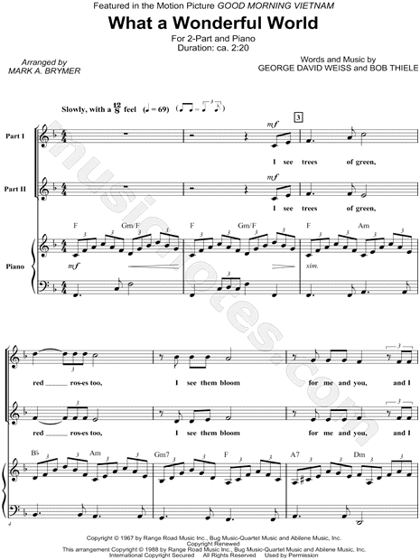 Louis Armstrong &quot;What a Wonderful World&quot; (arr. Mark A. Brymer) 2-Part Choir + Piano Choral Sheet ...