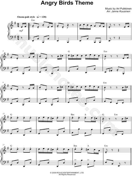Print and download Angry Birds Theme sheet music composed by Ari Pulkkinen ...
