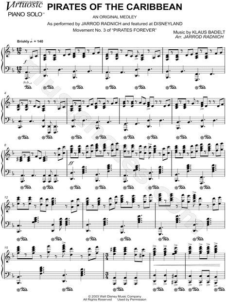 Jarrod Radnich "Pirates of the Caribbean" Sheet Music (Piano Solo) in D