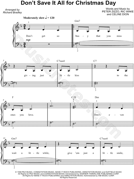 Celine Dion "Don't Save It All for Christmas Day" Sheet Music (Easy Piano) in F Major - Download ...