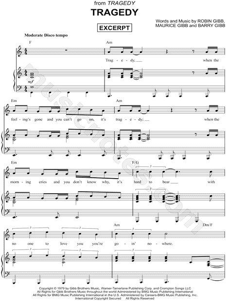 Print and download Tragedy [Excerpt] sheet music by The Bee Gees. 