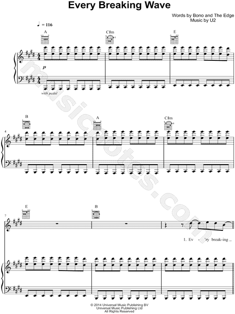 U2 "Every Breaking Wave" Sheet Music in E Major ...
