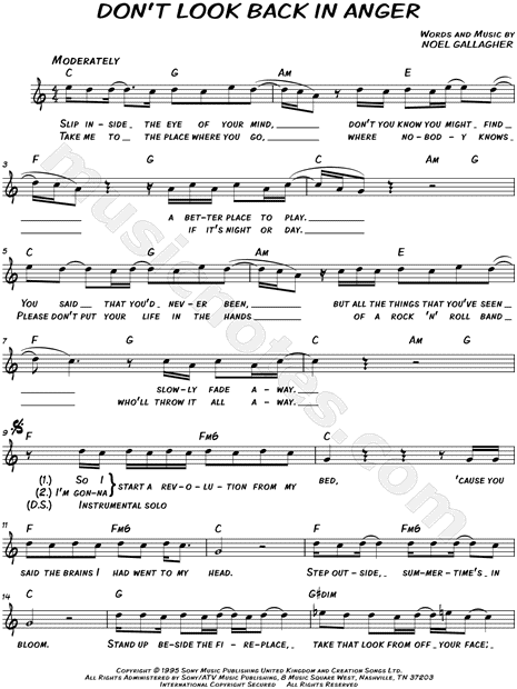 Oasis Don T Look Back In Anger Sheet Music Leadsheet In C Major Download Print Sku Mn