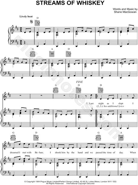 The Pogues "Streams of Whiskey" Sheet Music in D Major 