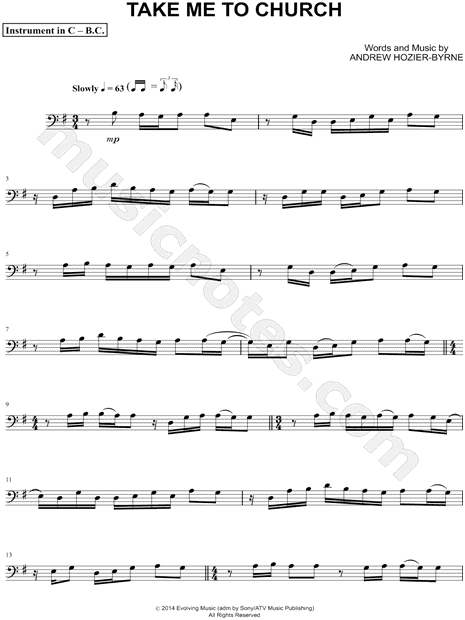 Hozier Take Me To Church Bass Clef Instrument Sheet Music Cello Trombone Bassoon Baritone Horn Or Double Bass In E Minor Download Print Sku Mn0144360