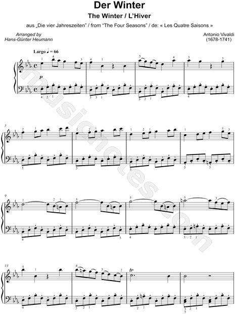 Download Antonio Vivaldi Winter From The Four Seasons Largo Sheet Music Piano Solo In Eb Major Download Print Sku Mn0144796