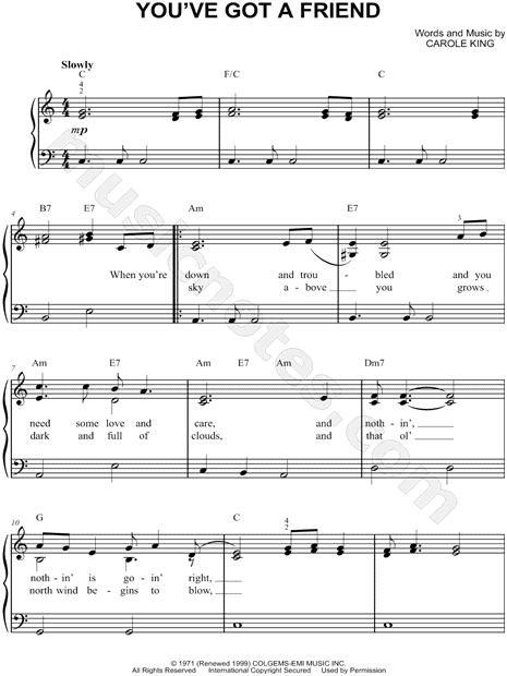 Carole King You Ve Got A Friend Sheet Music Easy Piano In C Major Download Print Sku Mn