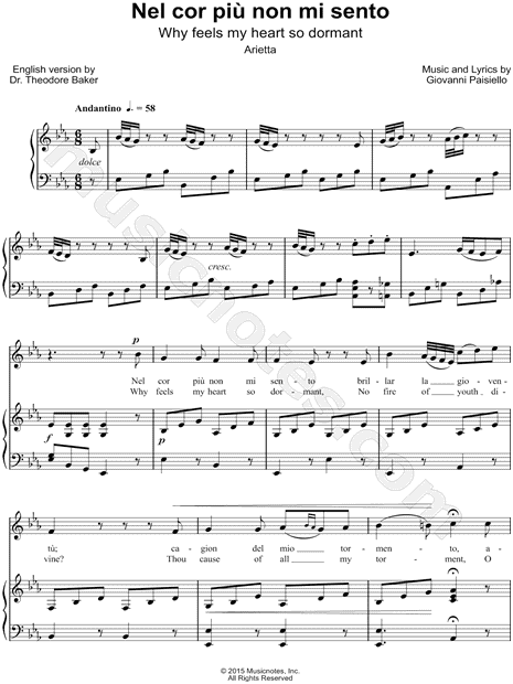 Giovanni Paisiello Nel Cor Piu Non Mi Sento Sheet Music In Eb Major Transposable Download Print Sku Mn