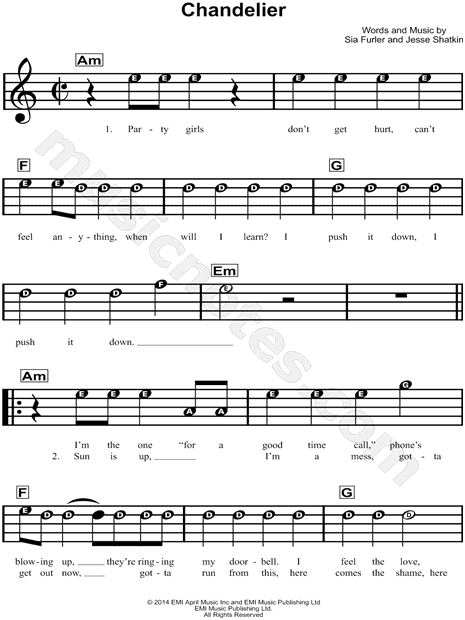 ambulancia Transformador Cita Sia "Chandelier" Sheet Music for Beginners in A Minor - Download & Print -  SKU: MN0145819