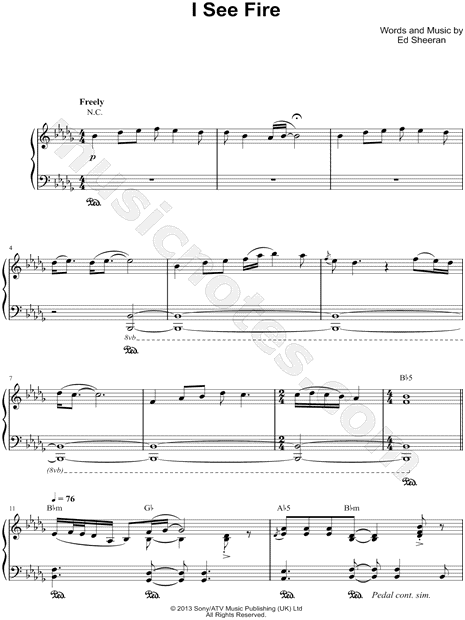 Ed Sheeran I See Fire Sheet Music Piano Solo In Minor Download Print Sku Mn