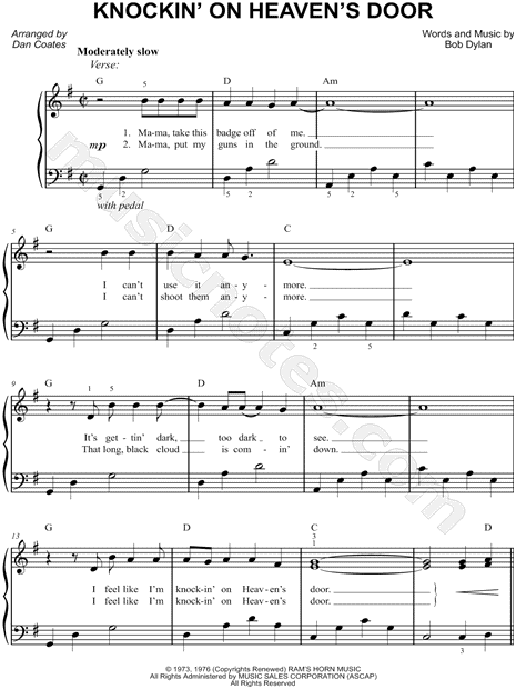 Regreso Tormenta Artificial Bob Dylan "Knockin' on Heaven's Door" Sheet Music (Easy Piano) in G Major -  Download & Print - SKU: MN0146466