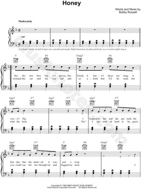 Bobby Goldsboro Honey Sheet Music In F Major Download Print Sku Mn