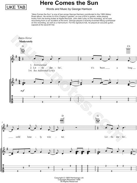 The "Here Comes Sun" Ukulele Tab in G Major - Download & Print - SKU: MN0146736