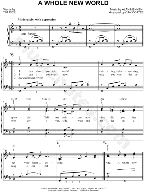 A Whole New World From Aladdin Sheet Music Easy Piano In F Major Download Print Sku Mn