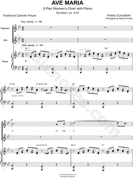 Franz Schubert Ave Maria Arr Bryce Inman 2 Part Choir Piano
