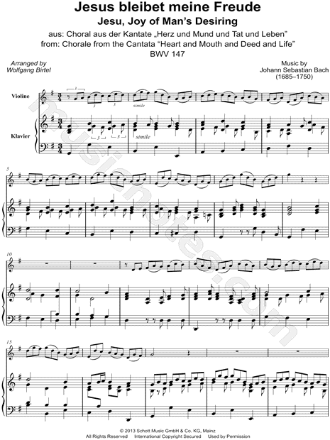Johann Sebastian Bach Jesu Joy Of Man S Desiring Violin Piano Sheet Music In G Major Download Print Sku Mn0147696