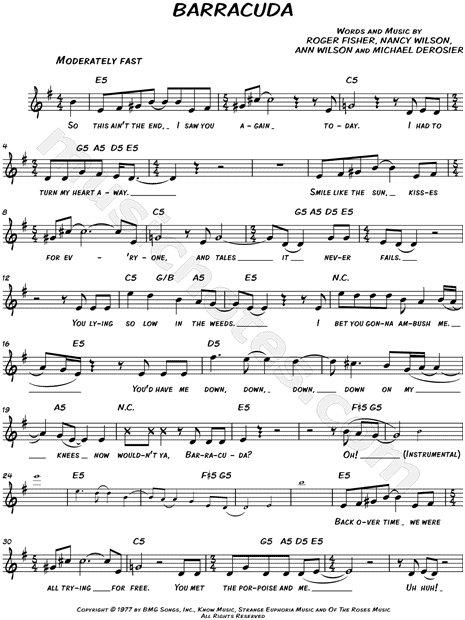 Heart "Barracuda" Sheet Music (Leadsheet) in G Major ...