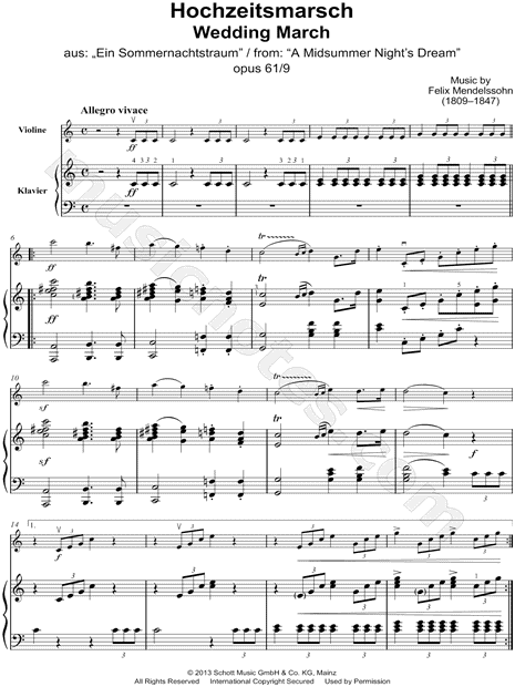 Mendelssohn "Wedding March A Midsummer Night's Dream, Op. 61, No. - Violin & Piano" Sheet Music in C Major - Download & Print - SKU: MN0148891