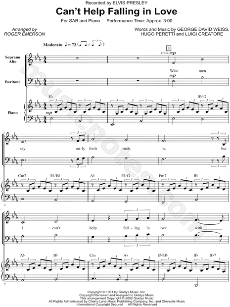 Elvis Presley Can T Help Falling In Love Arr Roger Emerson Sab Choir Piano Choral Sheet Music In Eb Major Download Print Sku Mn