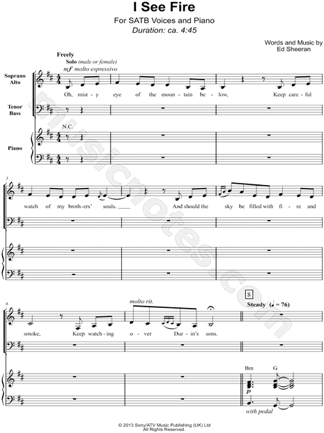 Ed Sheeran I See Fire Satb Choir Piano Choral Sheet Music In B Minor Download Print Sku Mn