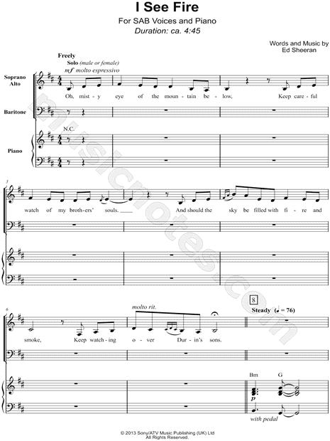 Ed Sheeran I See Fire Sab Choir Piano Choral Sheet Music In B Minor Download Print Sku Mn