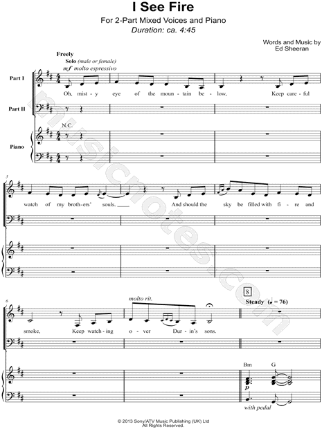 Ed Sheeran I See Fire 2 Part Choir Piano Choral Sheet Music In B Minor Download Print Sku Mn