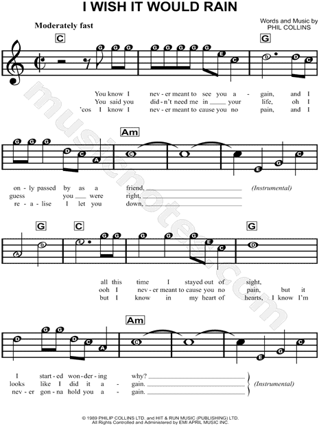 Phil Collins I Wish It Would Rain Down Sheet Music For Beginners In C Major Download Print Sku Mn0150445