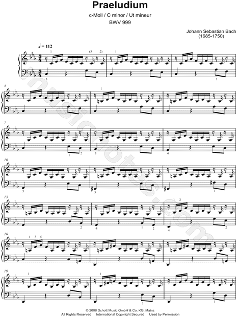 tiempo Por favor Encogimiento Johann Sebastian Bach "Praeludium in C minor, BWV 999" Sheet Music (Piano  Solo) in C Minor - Download & Print - SKU: MN0150562