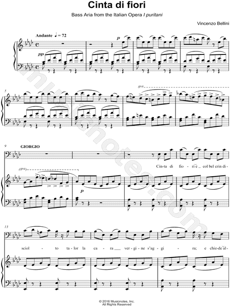 Canto e pianoforte dall'Opera I Puritani Ricordi BEllini: Cinta di Fiori 