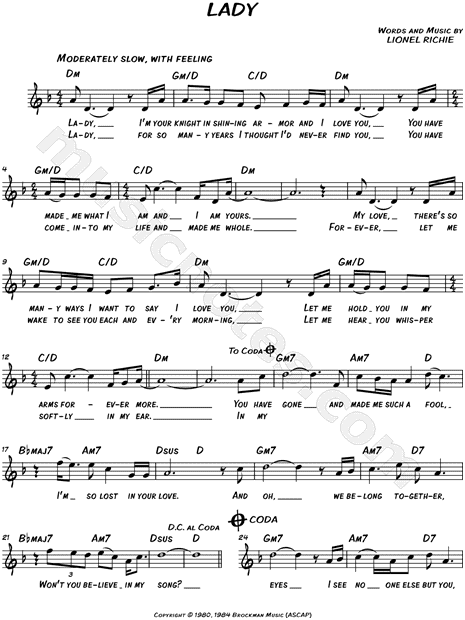 Print and download lead sheets for Lady by Kenny Rogers Includes complete l...