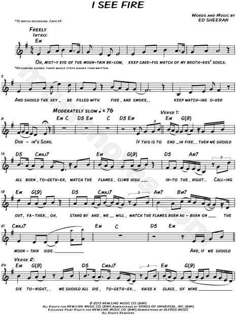 Decir software Tratar Ed Sheeran "I See Fire" Sheet Music (Leadsheet) in E Minor - Download &  Print - SKU: MN0152881