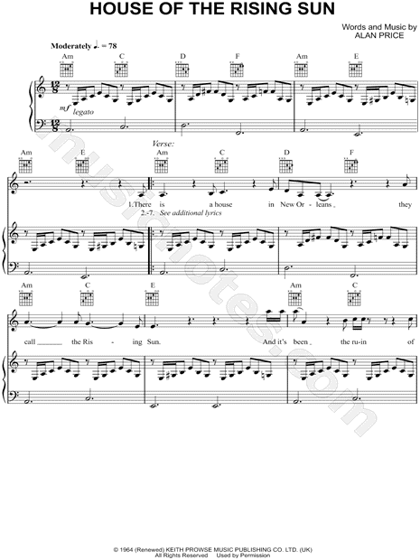 The Animals The House Of The Rising Sun Sheet Music In A Minor Transposable Download Print Sku Mn0153306,French Country Family Room Decorating Ideas