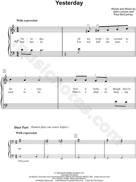 The Beatles Yesterday Sheet Music Easy Piano In C Major Download Print Sku Mn0154115