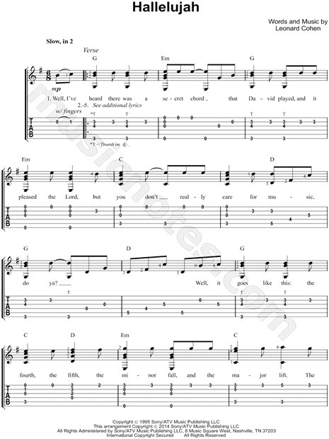 Leonard Cohen "Hallelujah" Guitar Tab in G Major - Download & Print