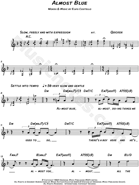 Diana Krall "Almost Blue" Sheet Music (Leadsheet) in D Minor - Download