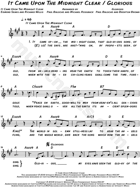 Paul Baloche It Came Upon The Midnight Clear Glorious Sheet Music Leadsheet In A Major Transposable Download Print Sku Mn