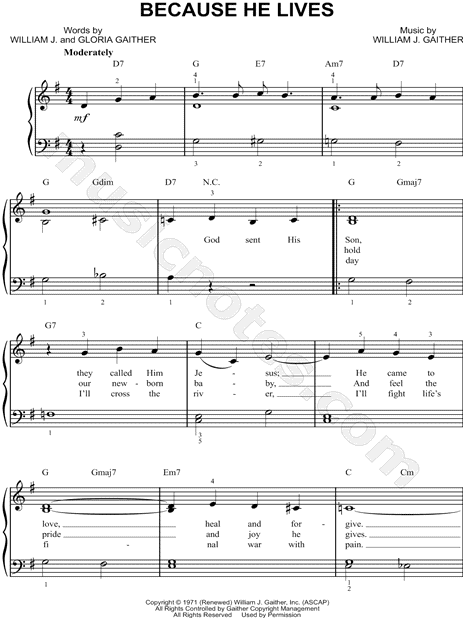 Bill & Gloria Gaither "Because He Lives" Sheet Music (Easy Piano) in G