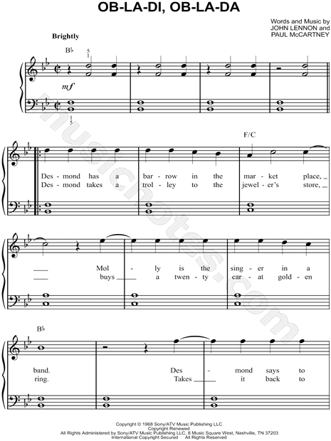 The Beatles Ob La Di Ob La Da Sheet Music Easy Piano In Bb