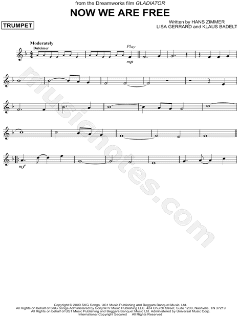 Now We Are Free From Gladiator Sheet Music Trumpet Solo In F Major Download Print Sku Mn