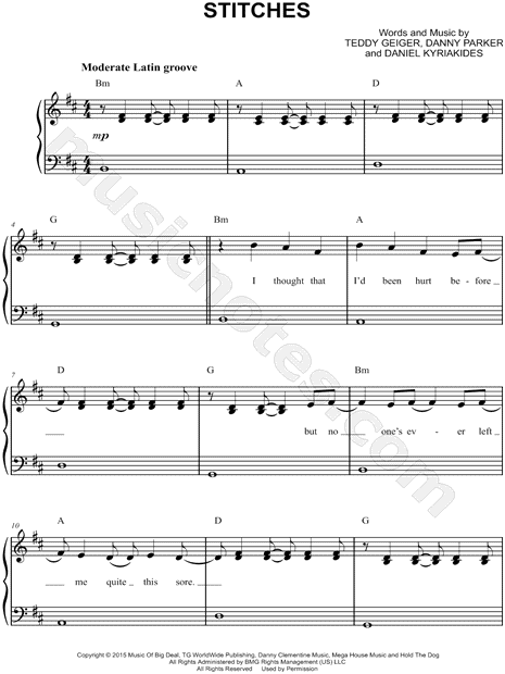 Shawn Mendes "Stitches" Sheet Music (Easy Piano) in B 