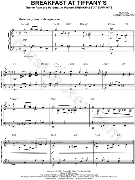 Henry Mancini Breakfast At Tiffany S Sheet Music Piano Solo In F Major Download Print Sku Mn0158387