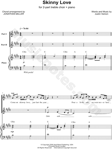 Birdy Skinny Love Arr Jonathan Miller 2 Part Treble Choir Piano Choral Sheet Music In E Major Download Print Sku Mn0159684