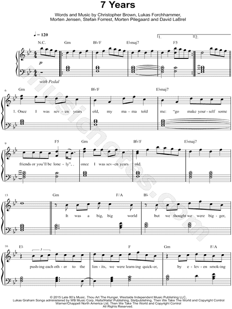 Lukas Graham "7 Years" Sheet Music (Easy Piano) in G Minor